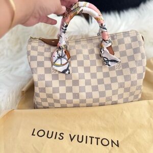 Louis Vuitton Tan Satchel with Damier Azur Canvas and Structured Shape